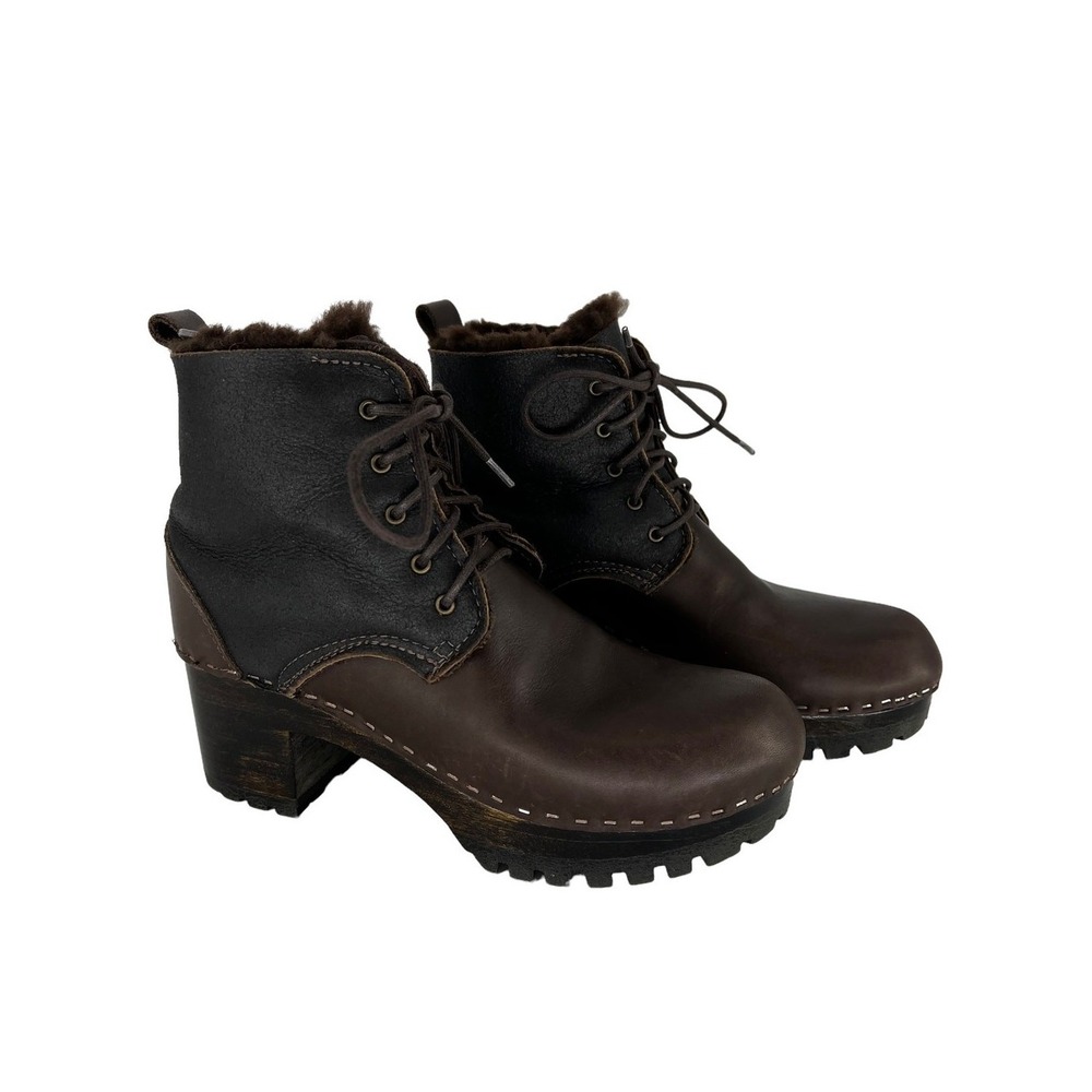 No. 6 Lander Shearling Lace Up Clog Boots in Dark Brown